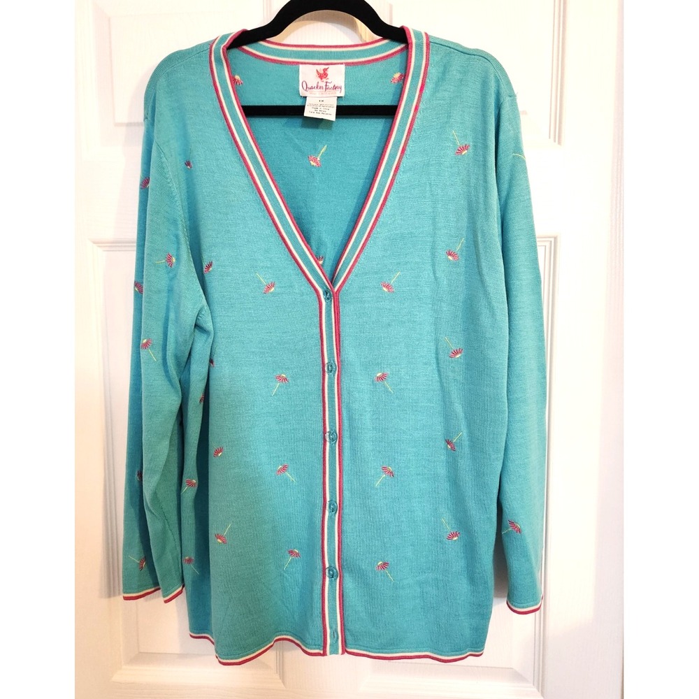 Quacker Factory Cardigan Sz 1X Embroidered Flowers Blue Lightweight 70% Silk